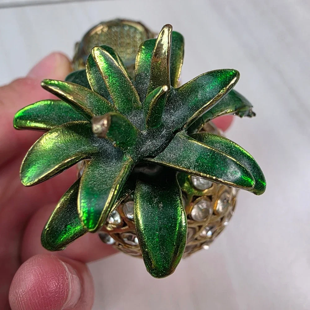 Vintage Pineapple Rhinestone Trinket Box‎ Gold Tone Green Enamel Hinged Jewelry